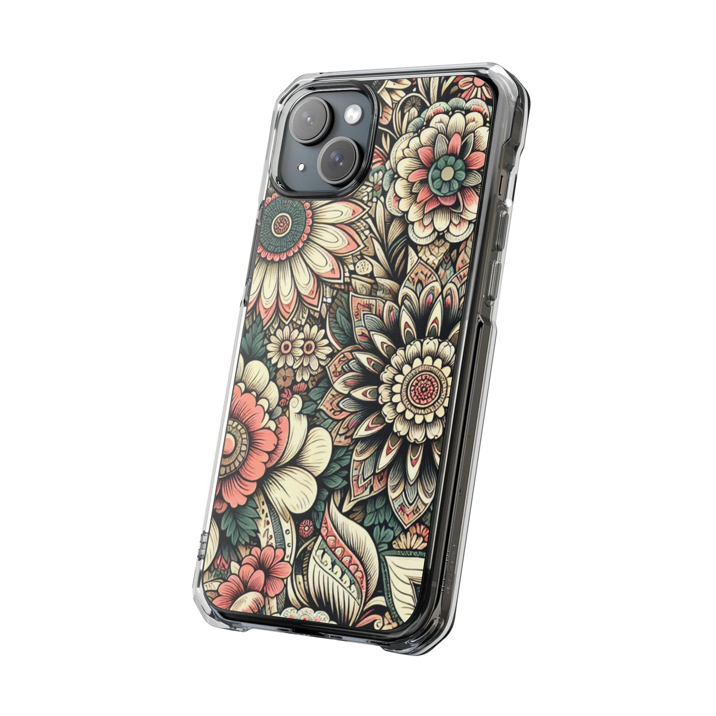 Boho Floral Magnetic Clear Impact Case for iPhone 16 15 14