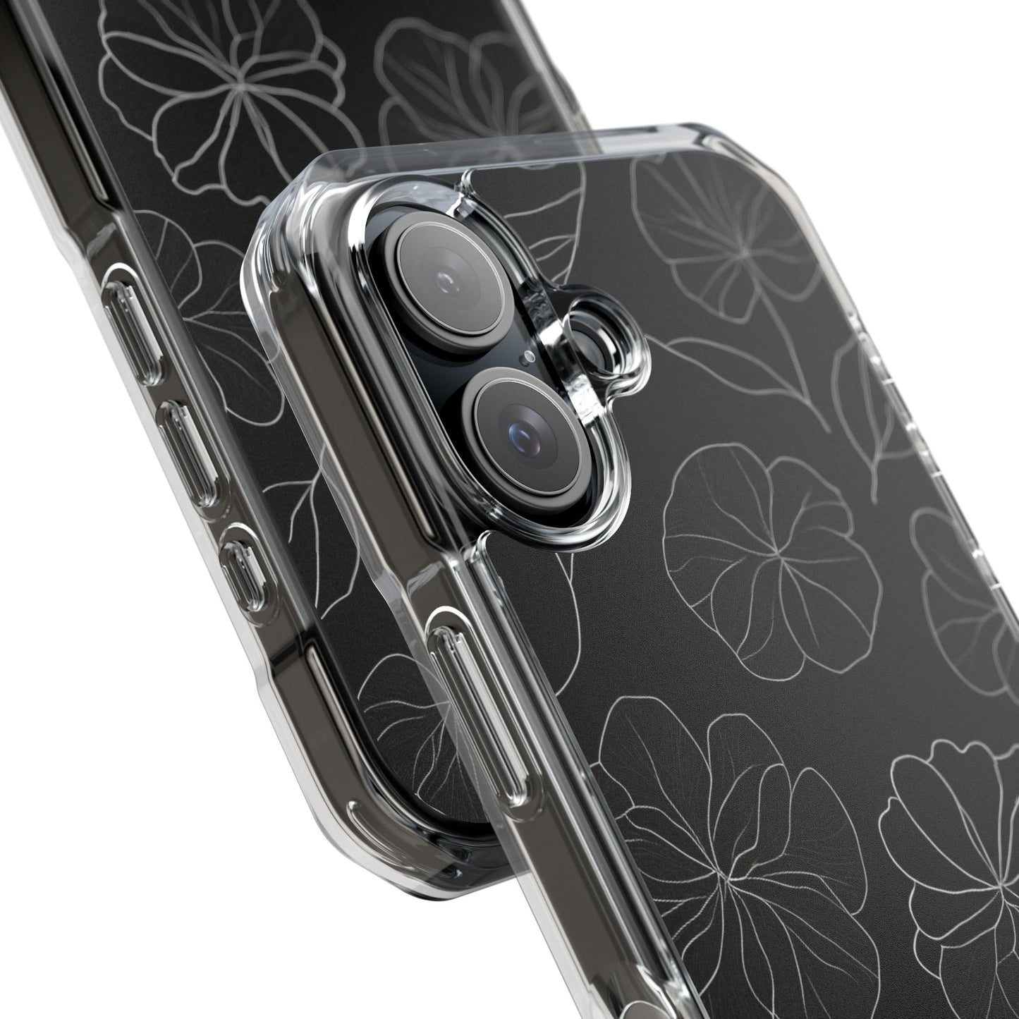 Black Floral Magnetic Clear Impact Case for iPhone 16 15 14