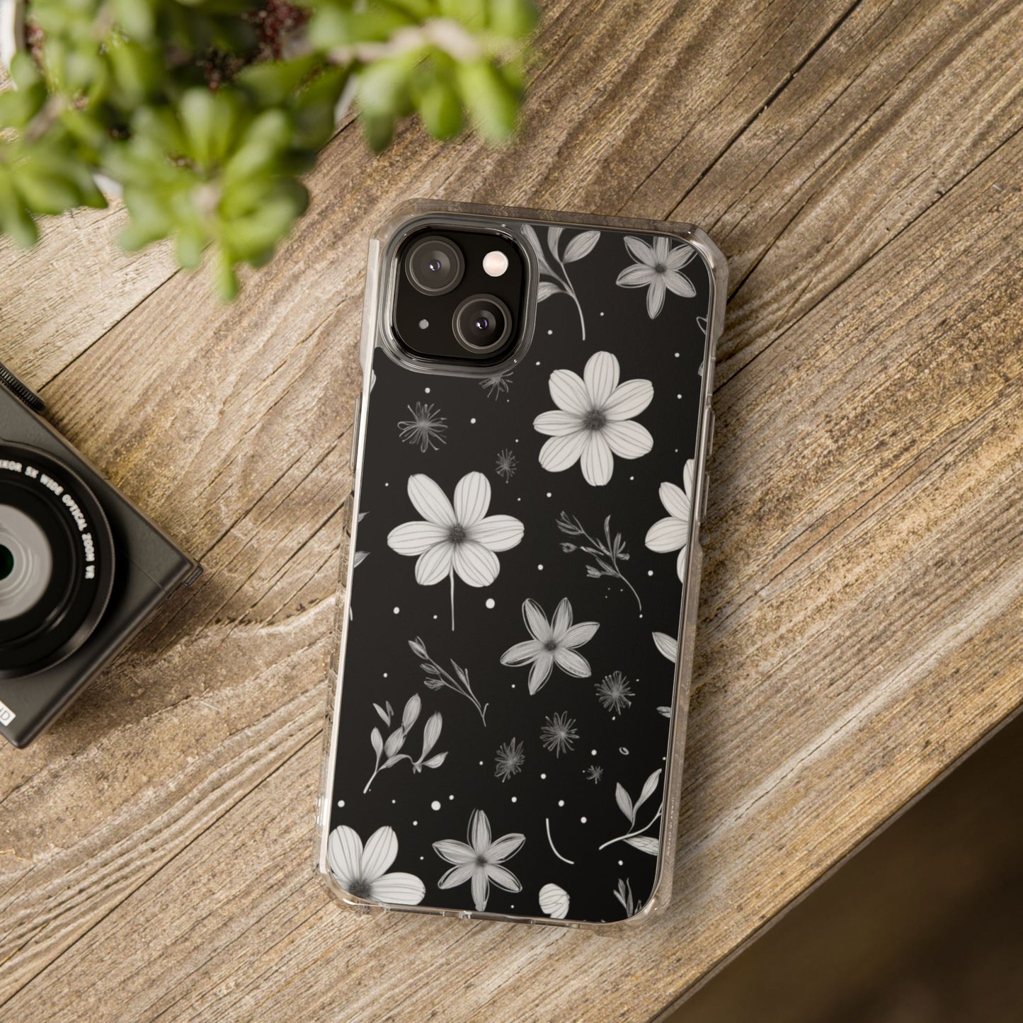 Chic Black and White Floral Print Magnetic Clear Impact Case for iPhone 16 15 14