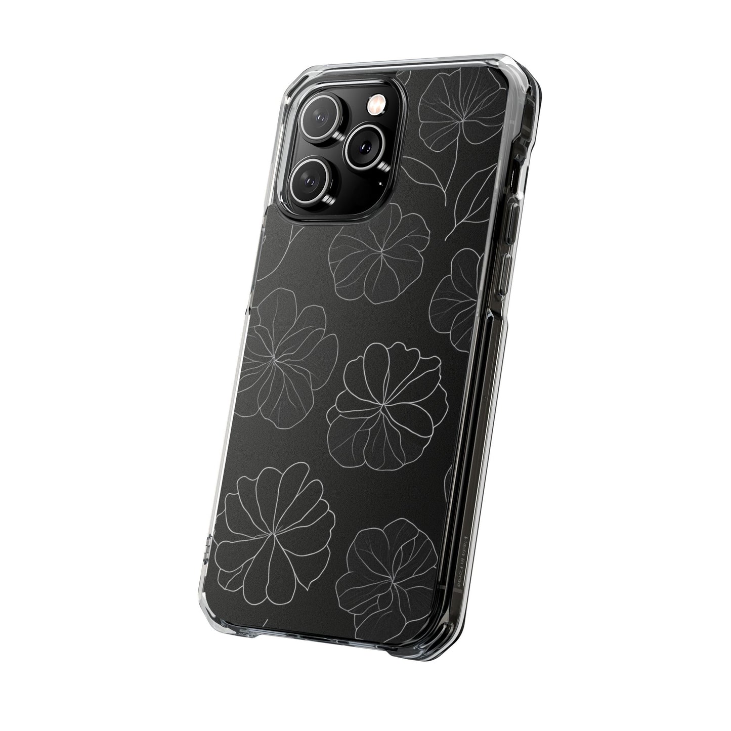 Black Floral Magnetic Clear Impact Case for iPhone 16 15 14