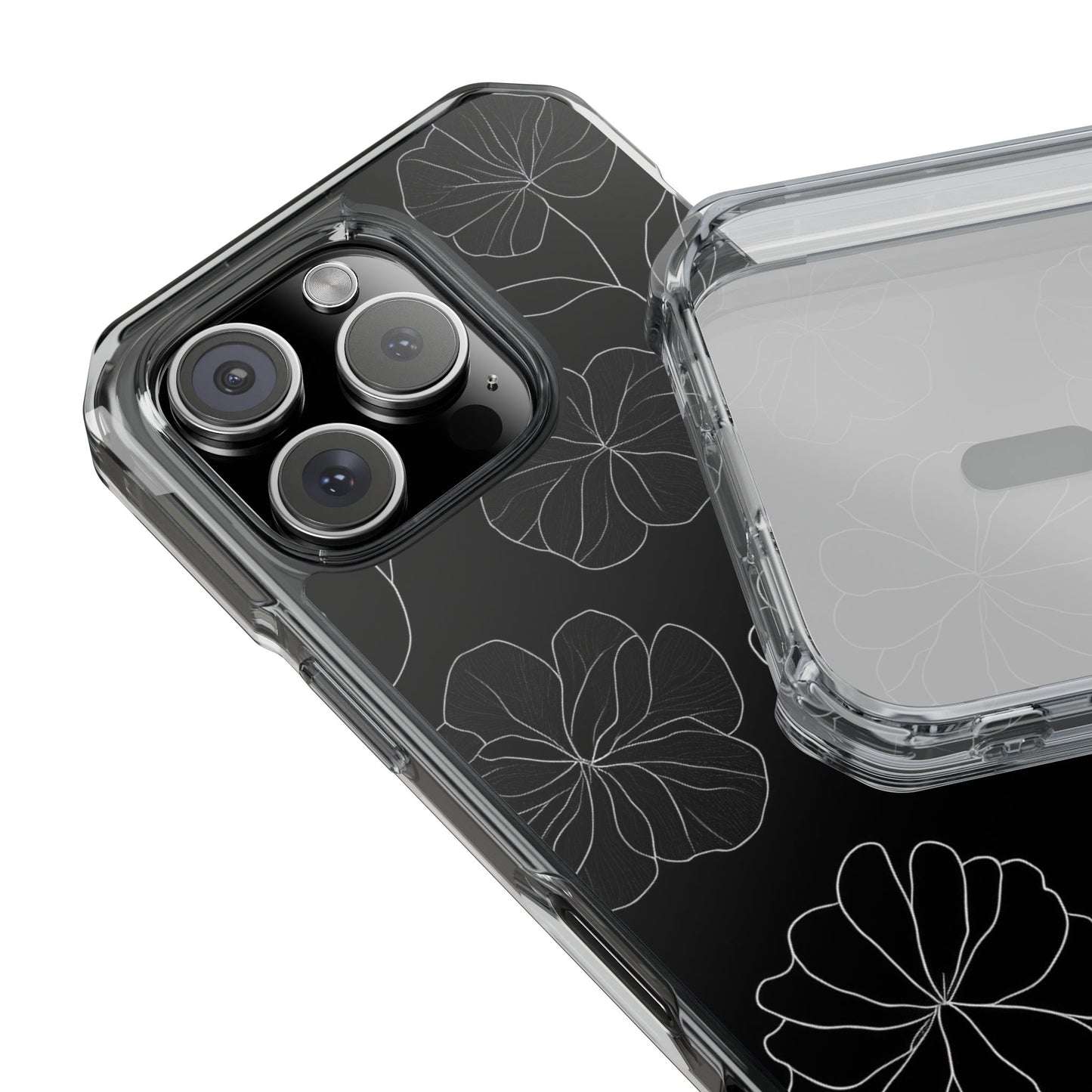 Black Floral Magnetic Clear Impact Case for iPhone 16 15 14