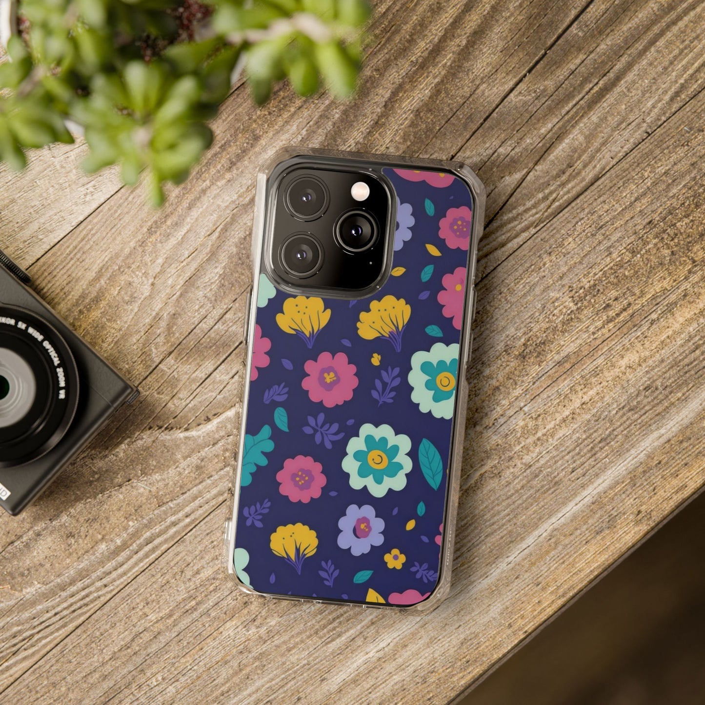 Purple Floral Magnetic Clear Impact Case for iPhone 16 15 14