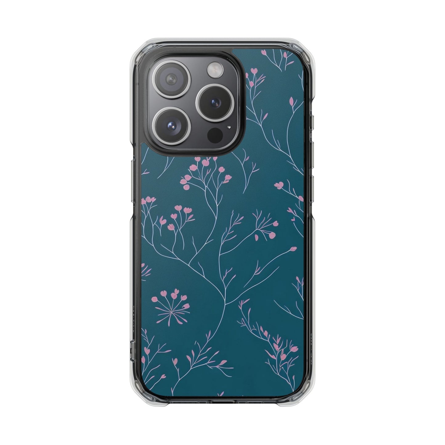 Teal Floral Magnetic Clear Impact Case for iPhone 16 15 14