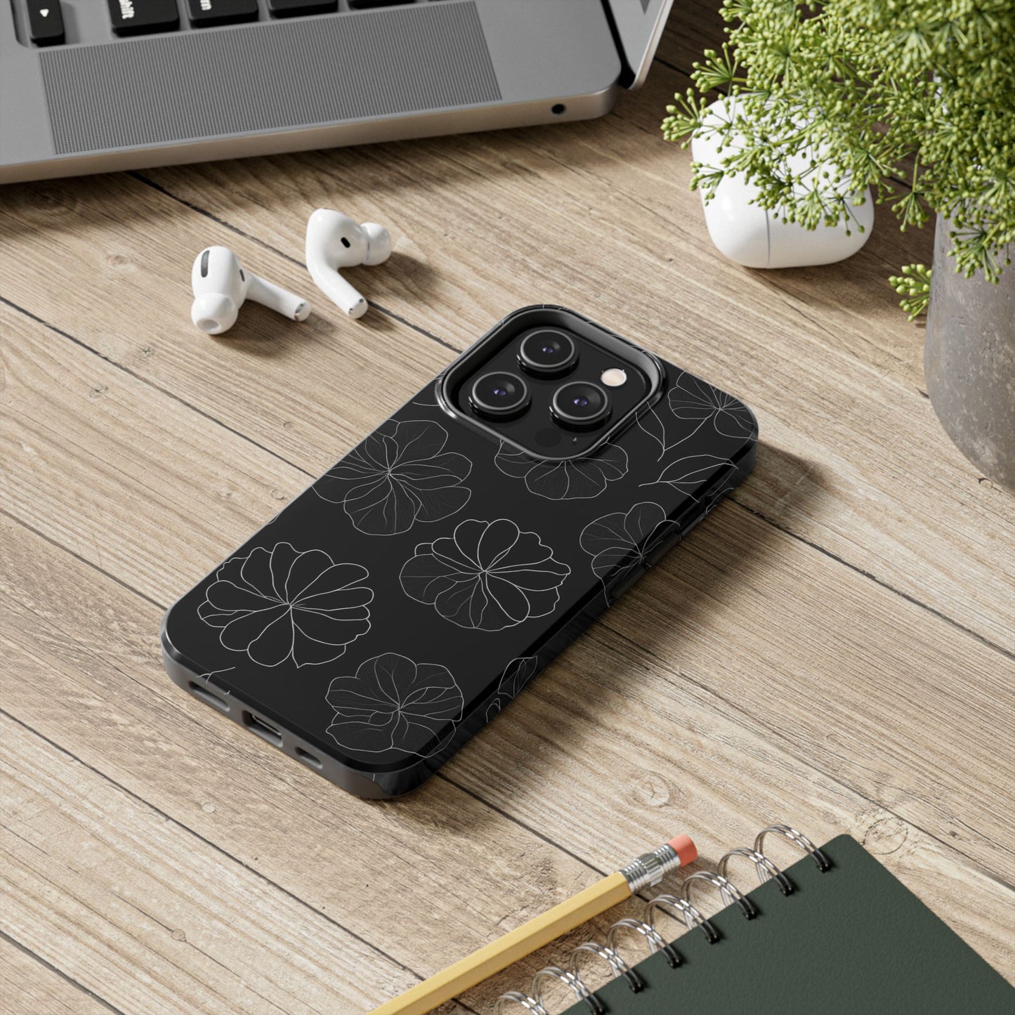 Black Floral Tough Phone Case