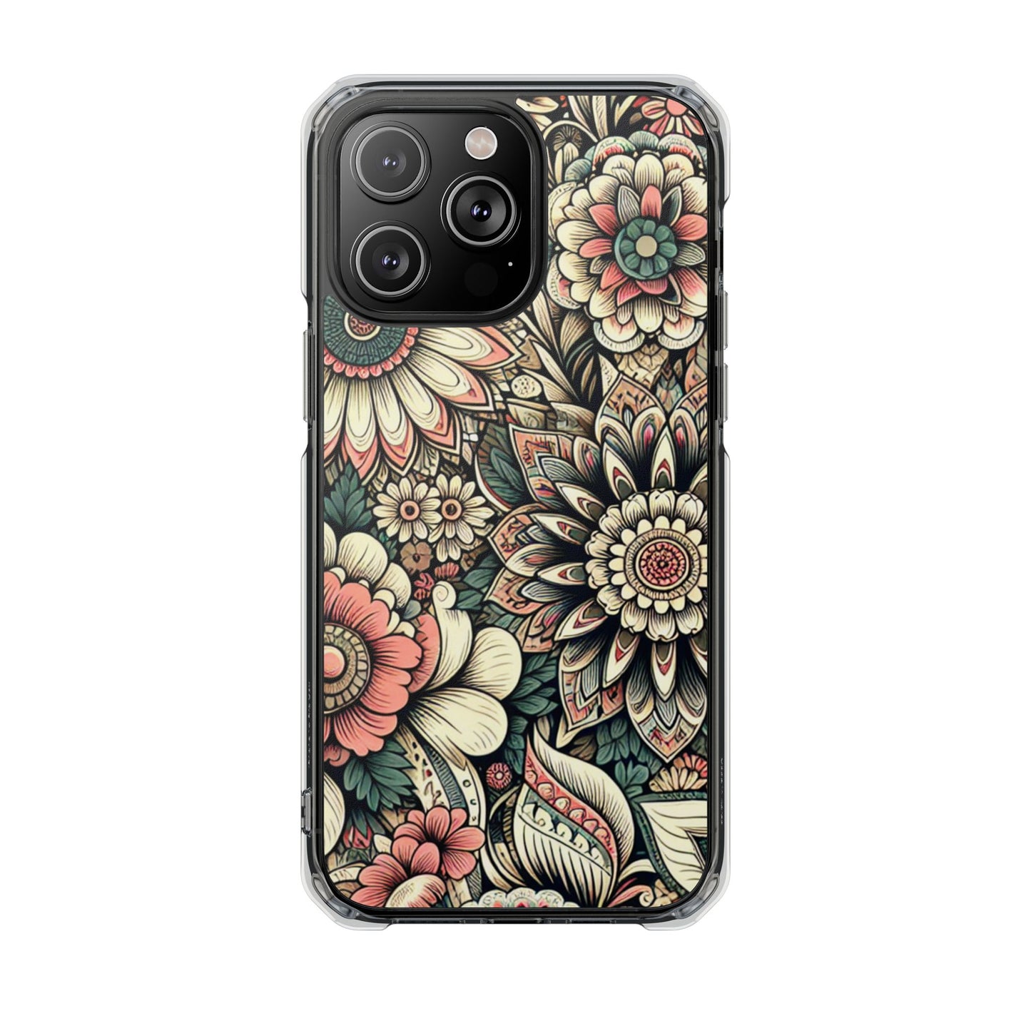 Boho Floral Magnetic Clear Impact Case for iPhone 16 15 14