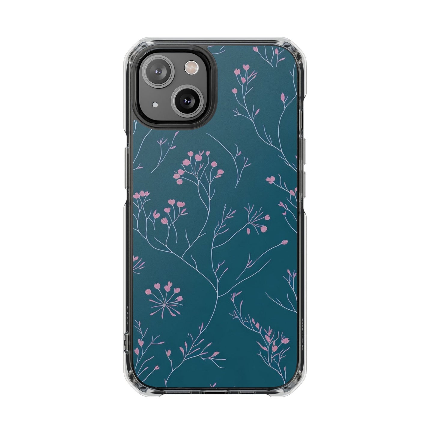 Teal Floral Magnetic Clear Impact Case for iPhone 16 15 14