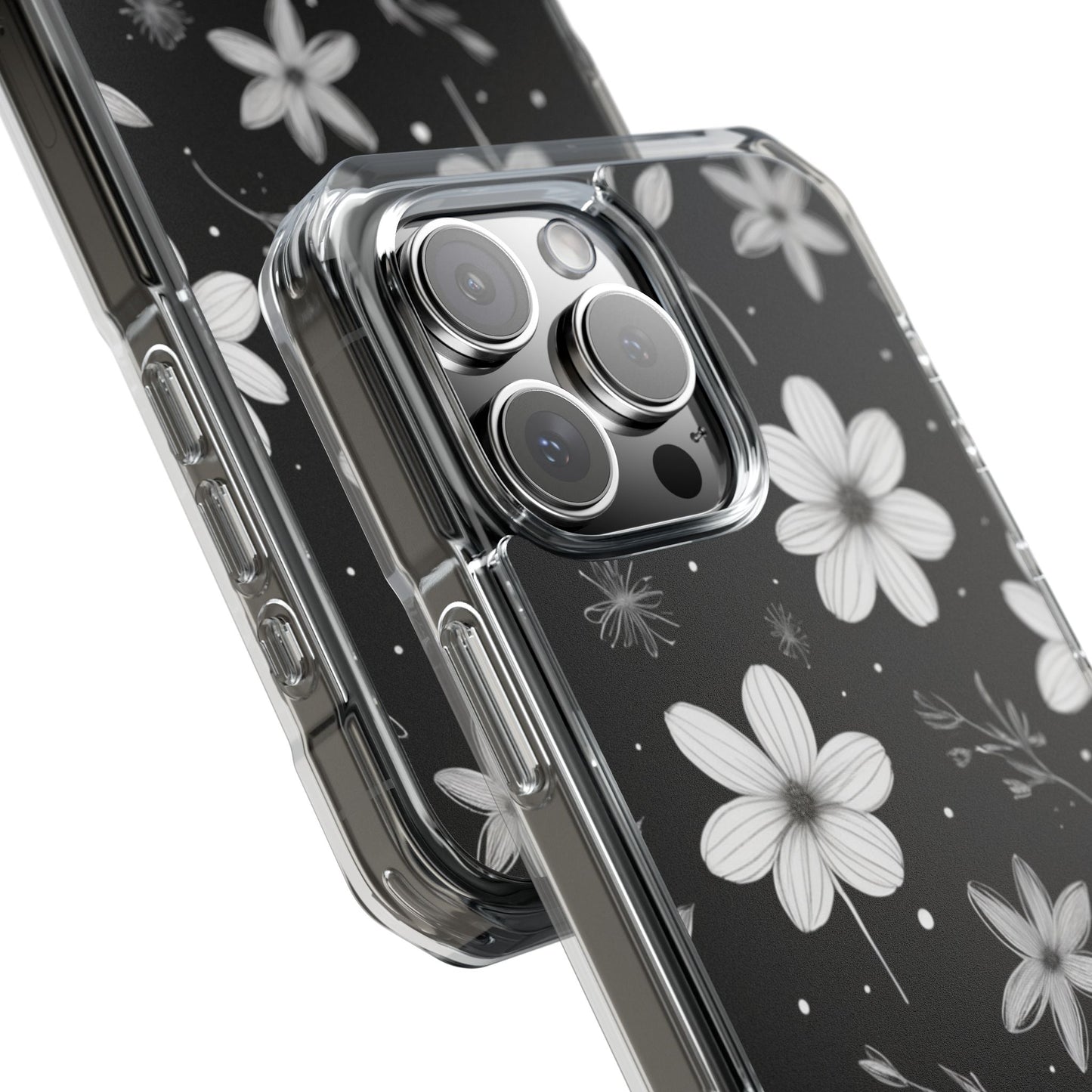 Chic Black and White Floral Print Magnetic Clear Impact Case for iPhone 16 15 14