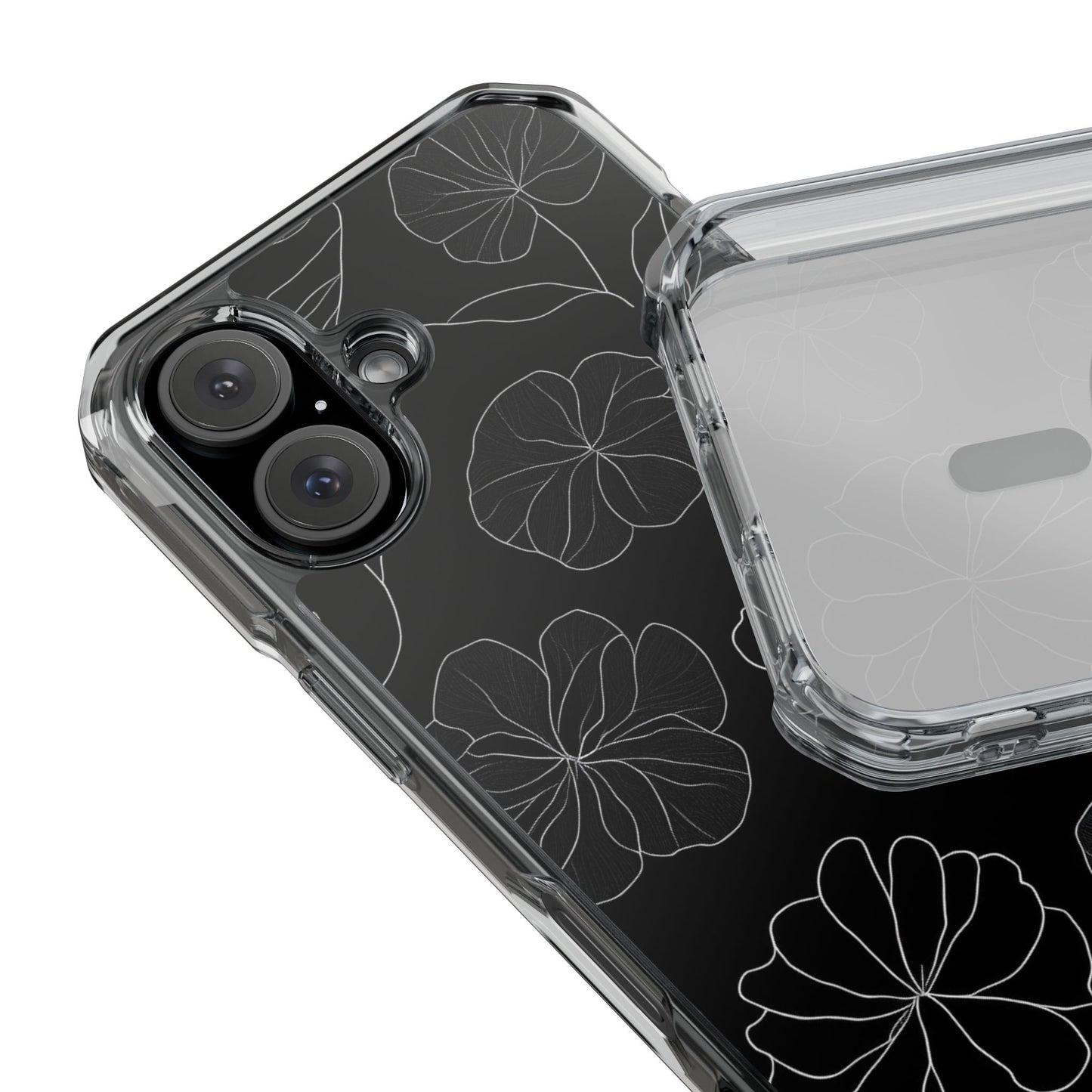 Black Floral Magnetic Clear Impact Case for iPhone 16 15 14