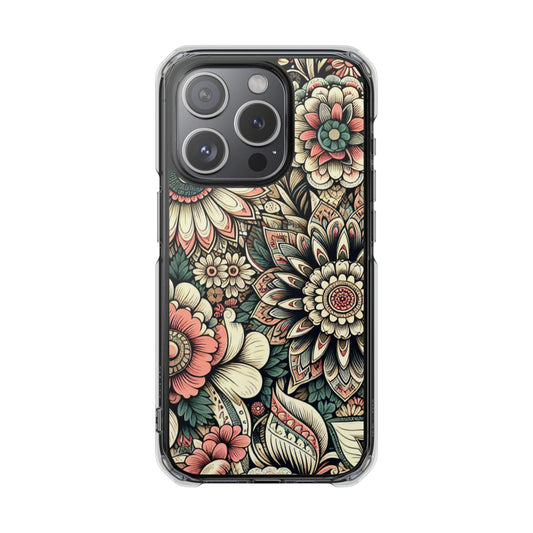 Boho Floral Magnetic Clear Impact Case for iPhone 16 15 14